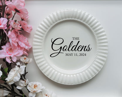 Personalized Anniversary Bridal Shower Keepsake for the Couple: White Porcelain Wedding Plate with Custom Names, Last Name, Wedding Date