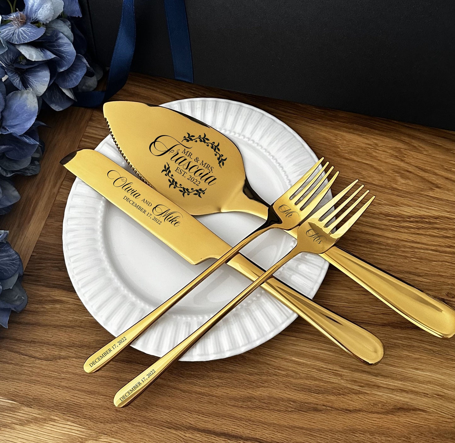 Engraved Wedding Cake Cutting Set for Bride and Groom: Personalized Stainless Steel Server Knife & Forks, NO EXTRA FEES