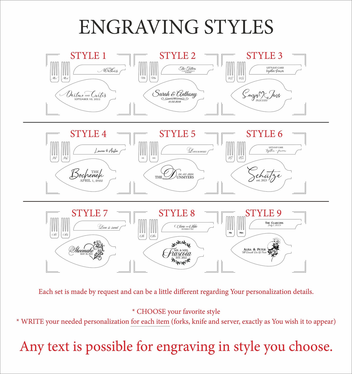 Personalisiertes Hochzeitstorten-Schneideset für Braut und Bräutigam: Individuell graviertes Champagnermesser und -gabeln, Erinnerungsstück zum Jahrestag für das Paar