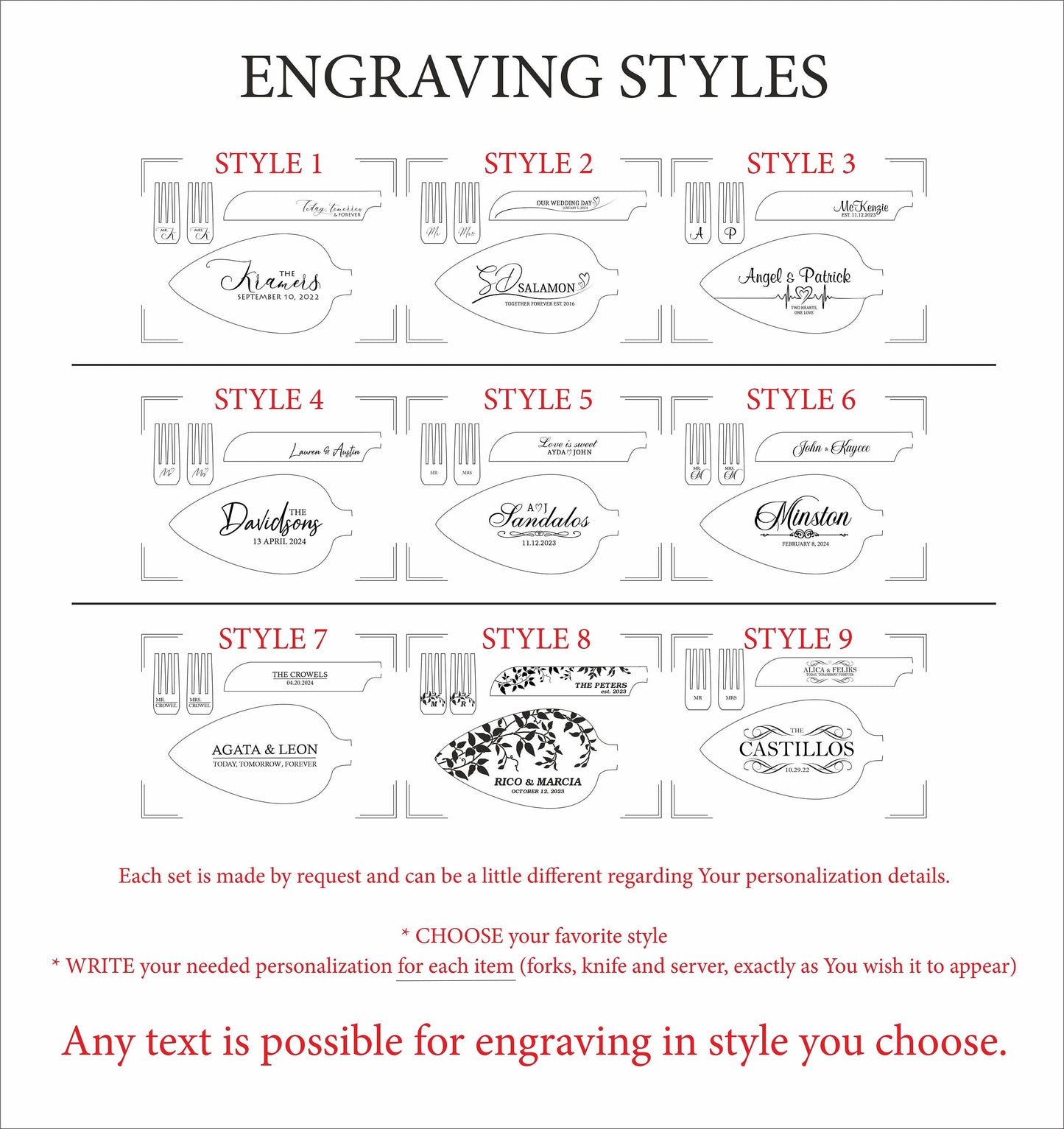 Elegant Cake Cutters Gift for Wedding, Anniversary with Gift Box: Engraved New Family Cutlery with Names and Date, Knives and Forks Set