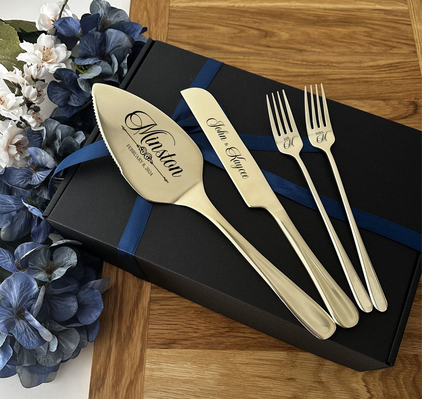 Custom Engraved Knives Forks Set for Cake Cutting Ceremony: Memorable Anniversary, Wedding, Engagement, Birthday Gift