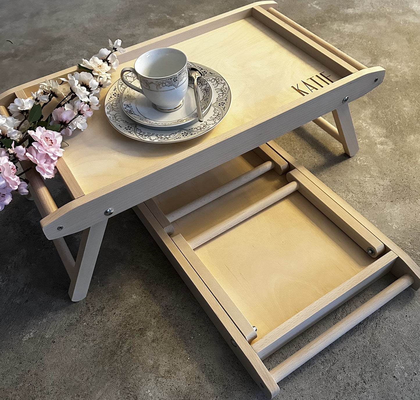 Engraved Wooden Bed Tray Table: Personalized Folding Breakfast Desk