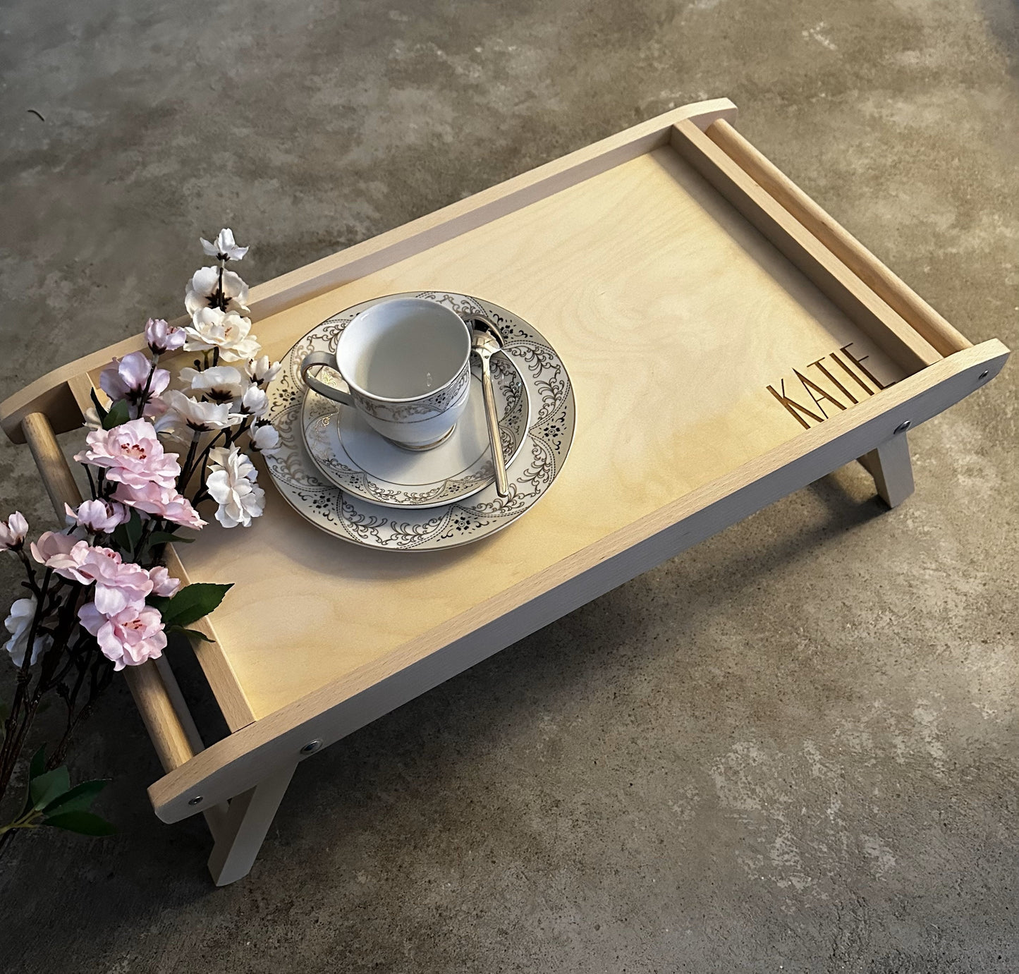 Engraved Wooden Bed Tray Table: Personalized Folding Breakfast Desk