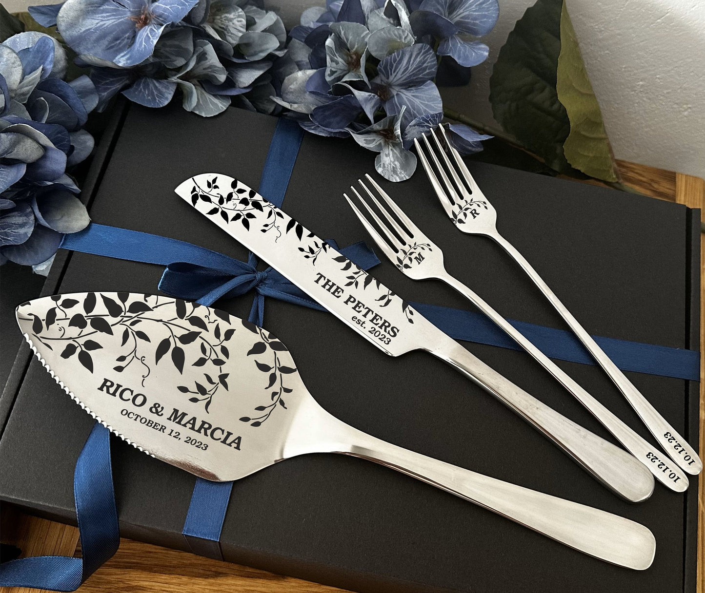 Personalized Wedding Cake Cutlery Set for Нewlyweds: Engraved Knife, Server & Forks Keepsake for Pie, Dessert Serving US TAXES PAID