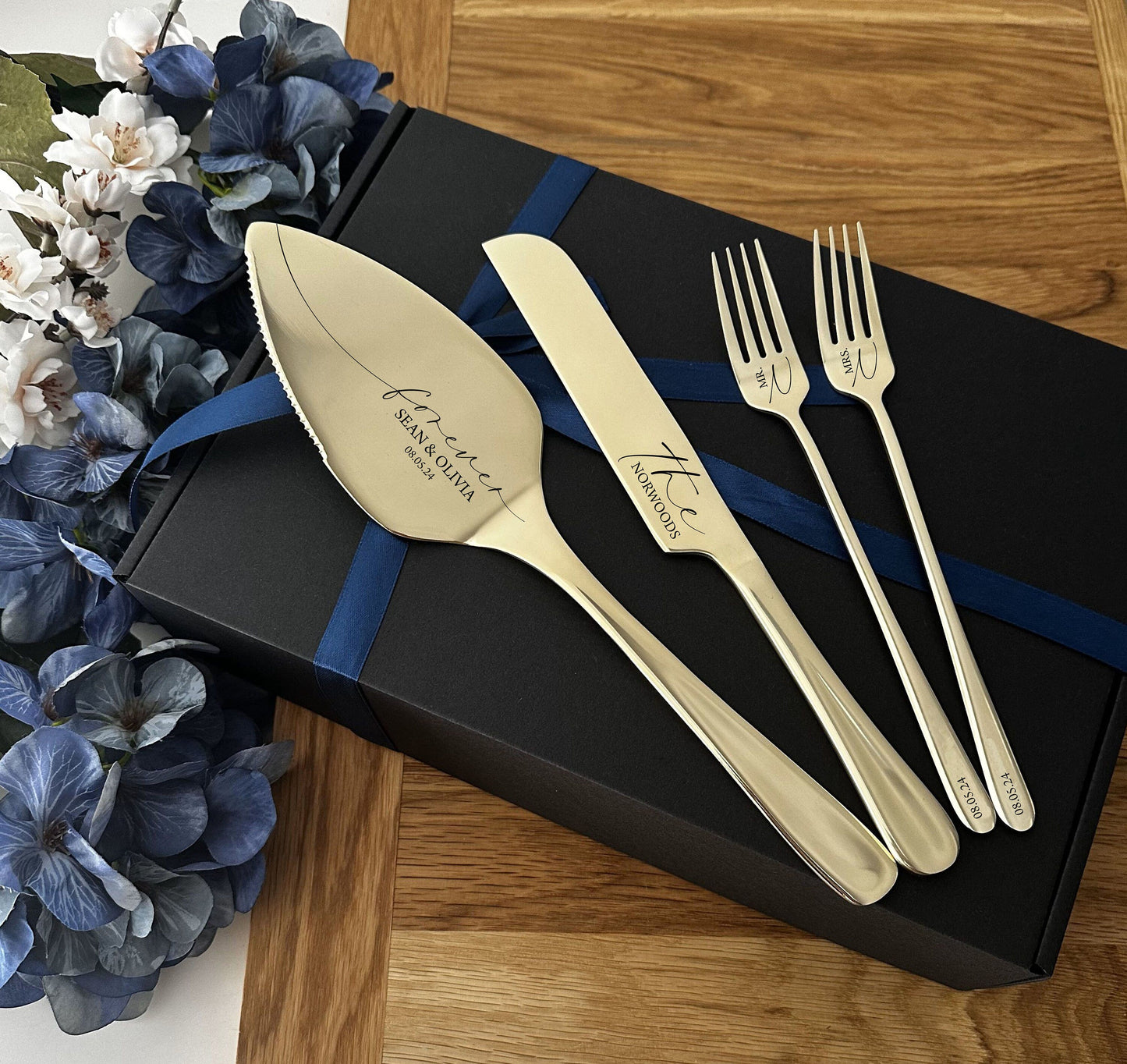 Engraved Cake Serving Set for Wedding: Personalized Server, Knife, Forks for New Family, Luxury Bridal Shower Anniversary Gift NO EXTRA FEES