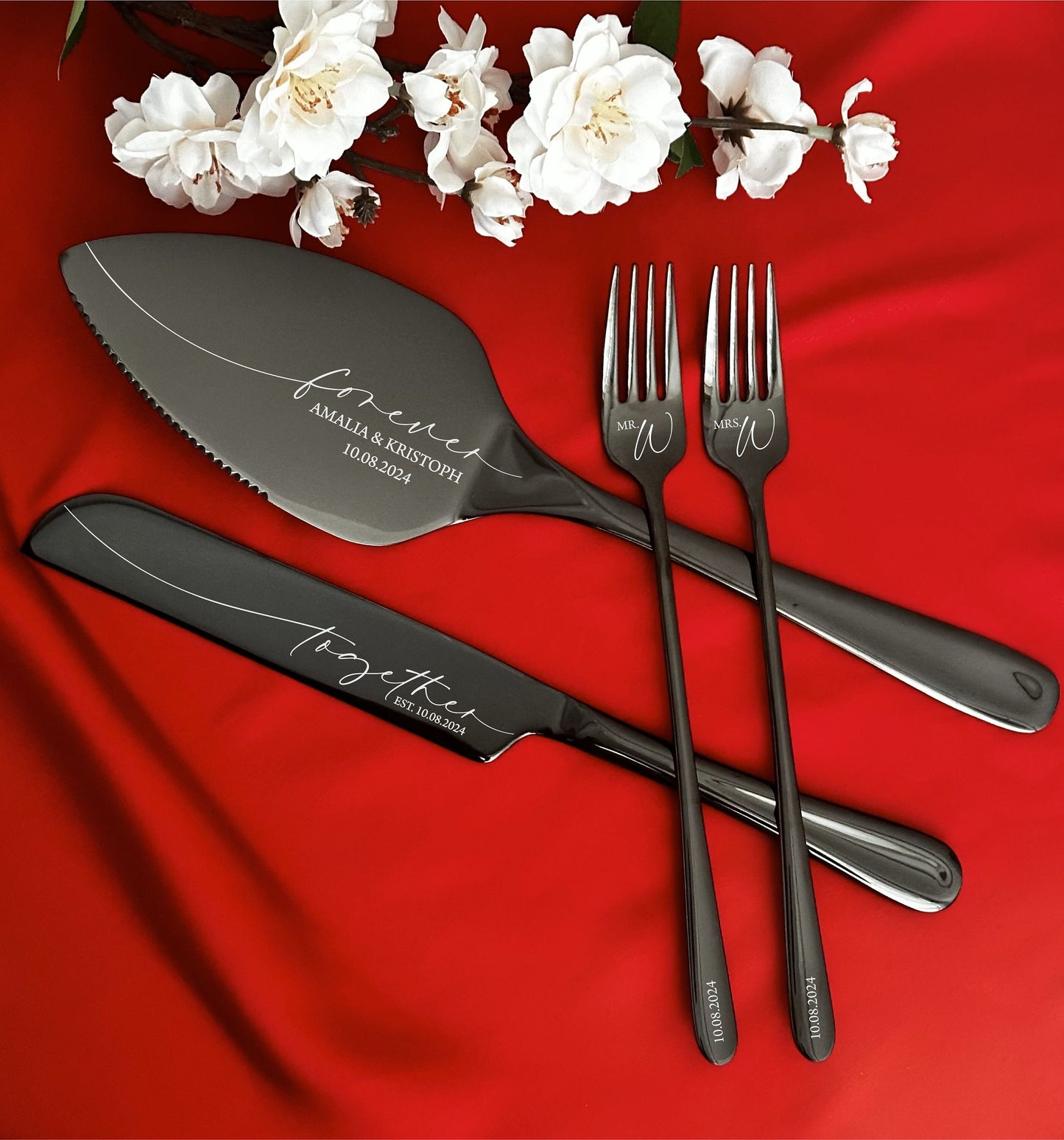 Engraved Cake Serving Set for Wedding: Personalized Server, Knife, Forks for New Family, Luxury Bridal Shower Anniversary Gift NO EXTRA FEES