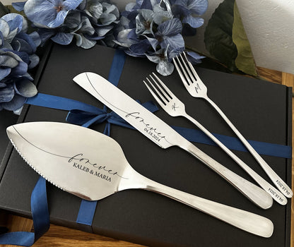 Engraved Cake Serving Set for Wedding: Personalized Server, Knife, Forks for New Family, Luxury Bridal Shower Anniversary Gift NO EXTRA FEES