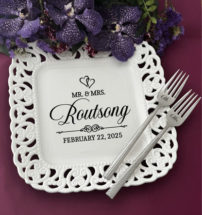Personalized Anniversary Plate & Forks: Lace Porcelain, Custom Names Keepsake