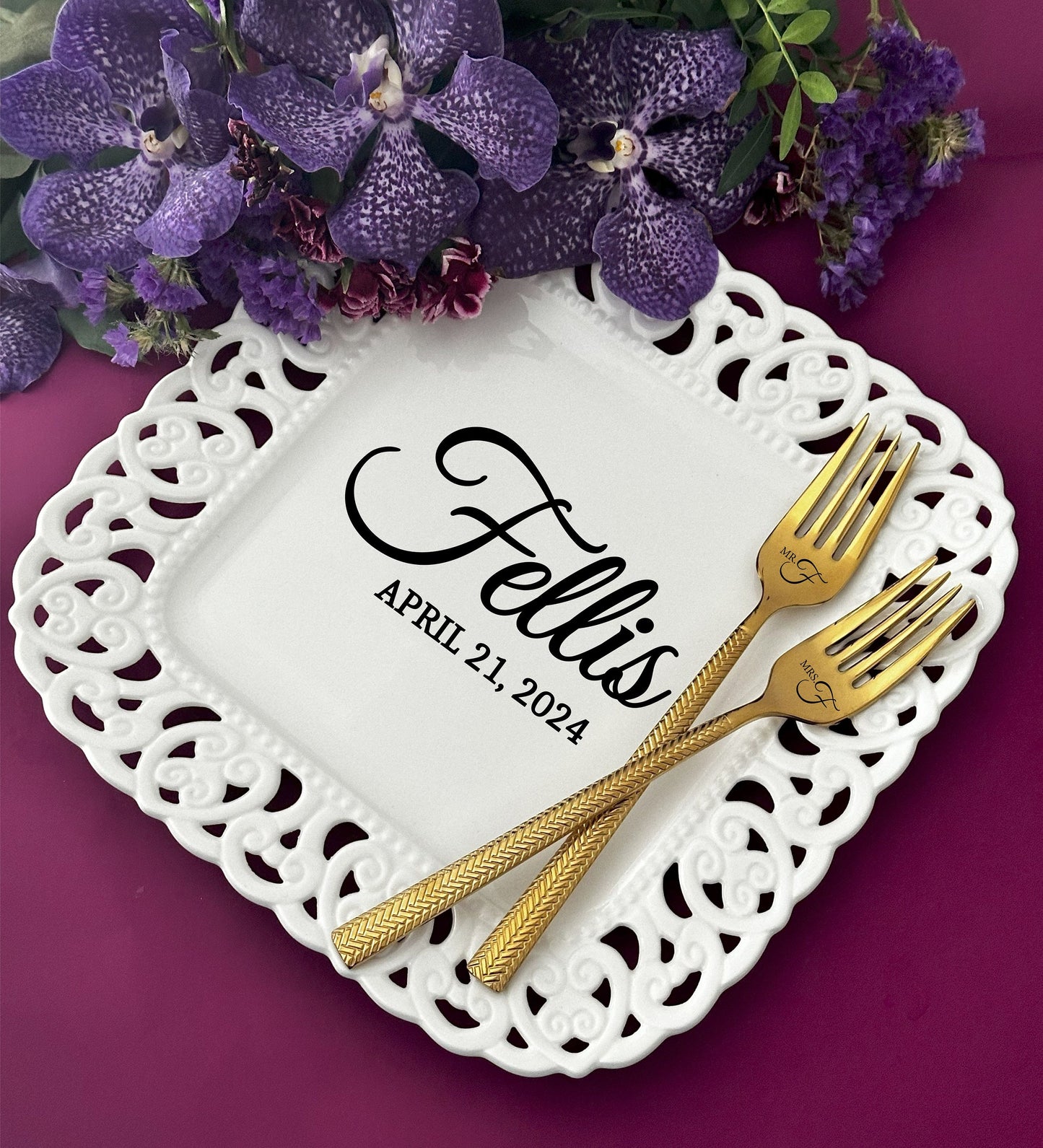Personalized Anniversary Plate & Forks: Lace Porcelain, Custom Names Keepsake