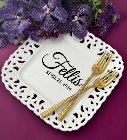Personalized Anniversary Plate & Forks: Lace Porcelain, Custom Names Keepsake