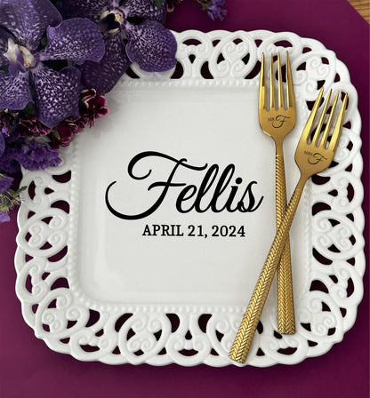 Personalized Anniversary Plate & Forks: Lace Porcelain, Custom Names Keepsake