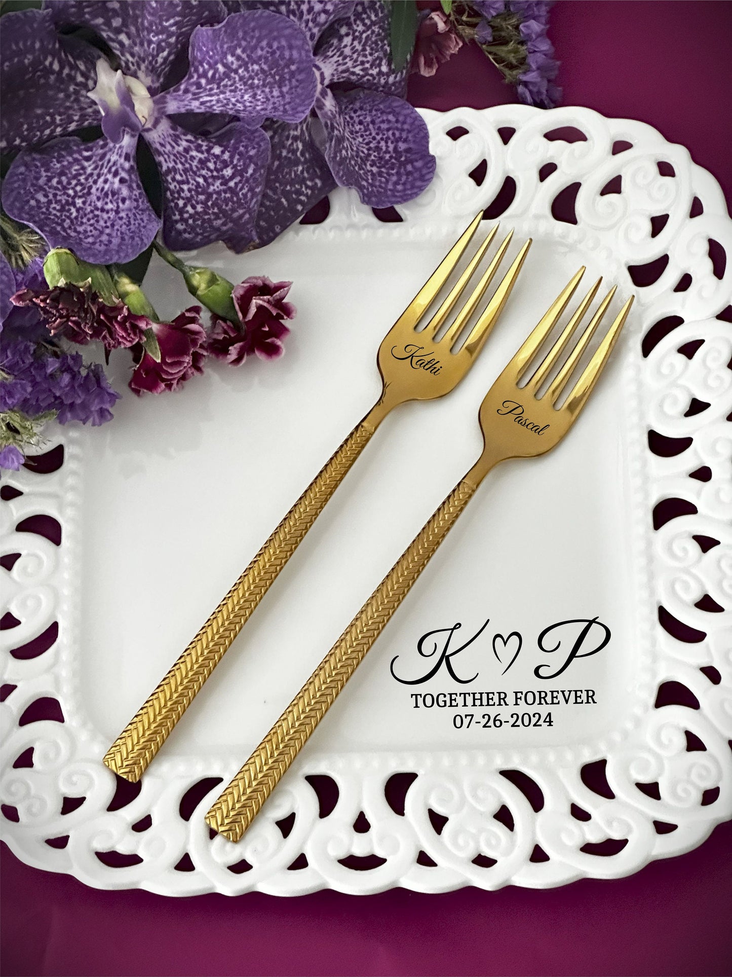 Personalized Anniversary Plate & Forks: Lace Porcelain, Custom Names Keepsake