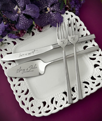luxury high quality stainless steel mirror polished cutlery for Mr Mrs wedding cake cutting set, keepsake for couple, silver, 25th anniversary, gift for son daughter from mother-in-law, parents, best gift ever, table decoration, customized memory set