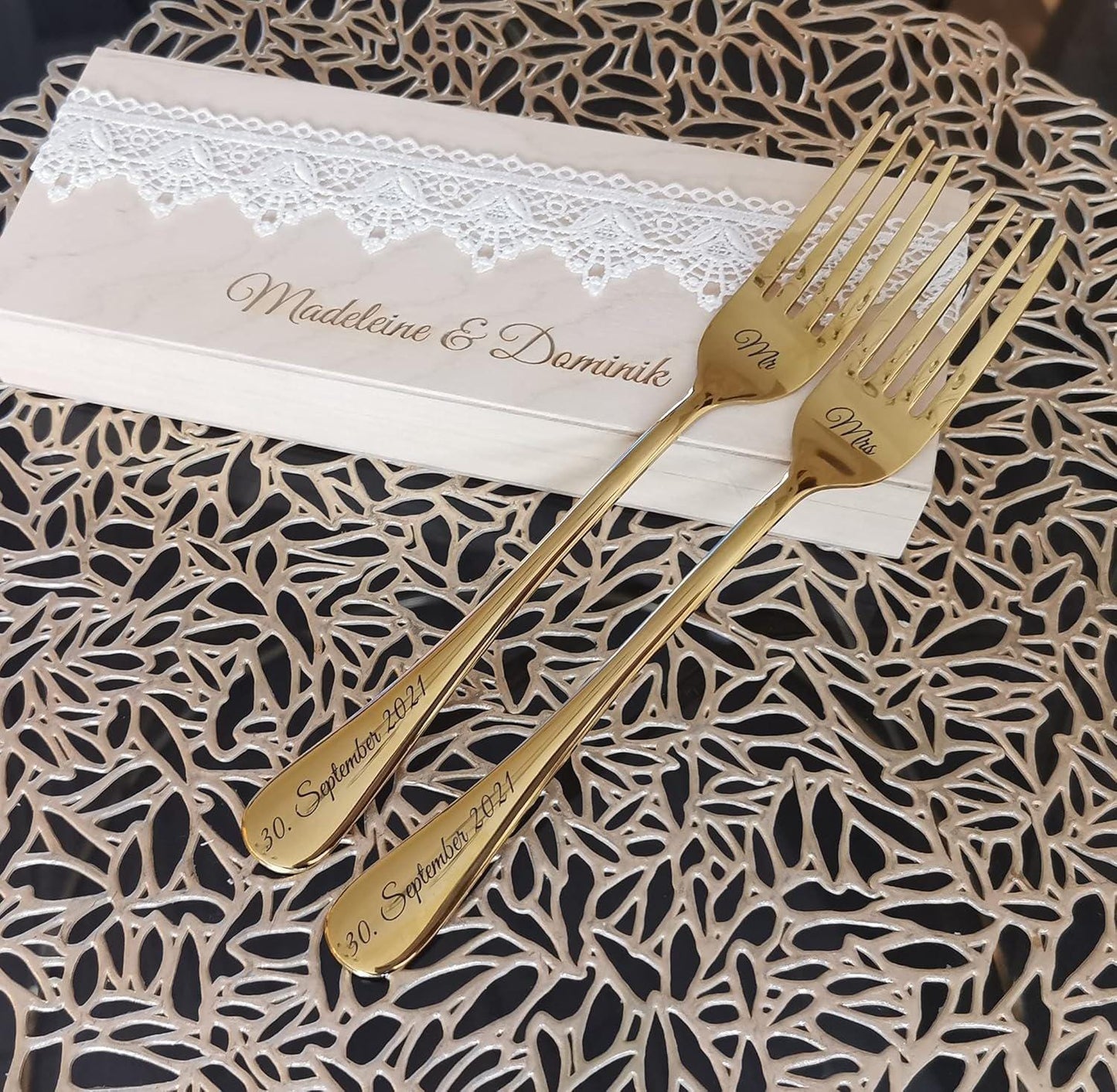 Gift wrapping for the forks. Beautiful wood box for wedding gift