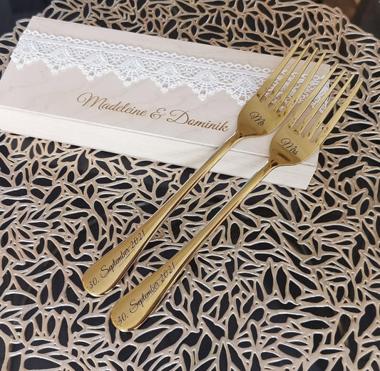 Gift wrapping for the forks. Beautiful wood box for wedding gift