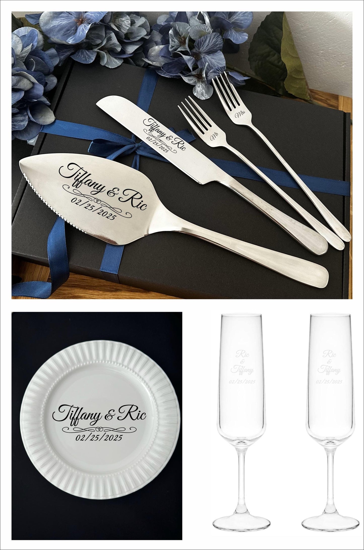 Engraved SILVER cake cutting set with 2 forks and 2 champagne glasses, 1 white plate. Personalization on each pcs, shipping to the US