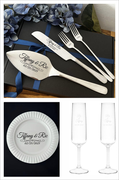 Engraved SILVER cake cutting set with 2 forks and 2 champagne glasses, 1 white plate. Personalization on each pcs, shipping to the US