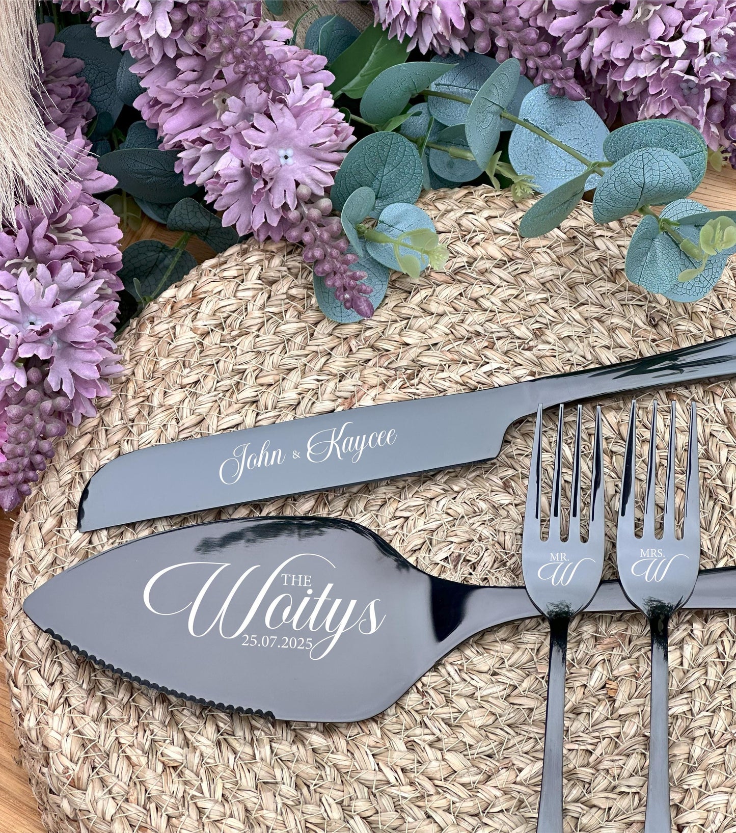 Engraved Champagne Cake Cutting Set with Knife Server & Forks: Personalized Mr Mrs Cutlery Keepsake for Wedding Anniversary Engagement