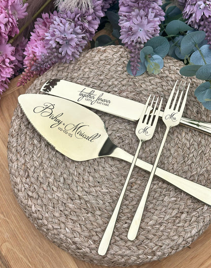 Engraved Cake Serving Set for Wedding: Elegant Personalized Cutters and Forks, Solid Stainless Steel Keepsake for Couple, Dispatched from US