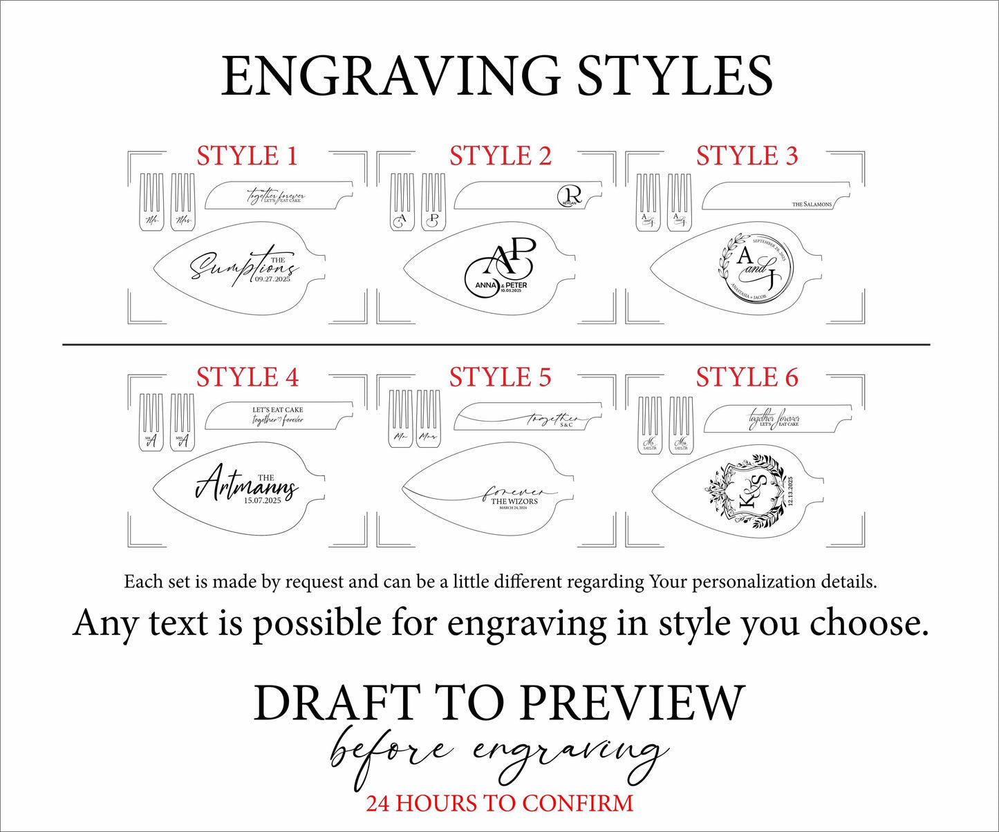 Personalized Classic Cake Cutters Set for Wedding: Solid Engraved Knife, Server and 2 forks Gift  for Couple, Mr Mrs Cake Table Decoration