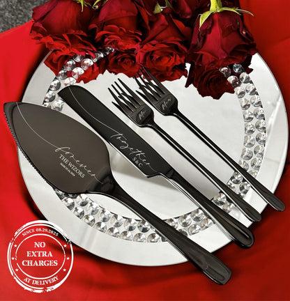 Engraved Cake Serving Set for Wedding: Personalized Server, Knife, Forks for New Family, Luxury Bridal Shower Anniversary Gift NO EXTRA FEES