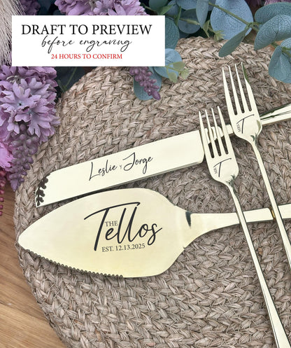 Engraved Champagne Cake Cutting Set with Knife Server & Forks: Personalized Mr Mrs Cutlery Keepsake for Wedding Anniversary Engagement