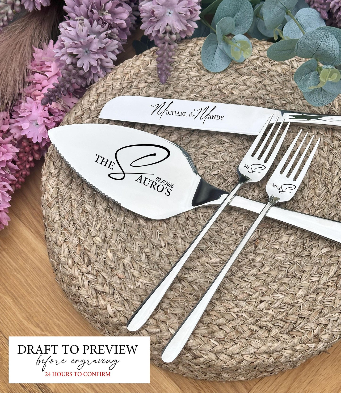 Individuell graviertes Tortenschneideset für den Tisch des Brautpaares: Einzigartiges Geschenk zur Hochzeitsfeier, zum Junggesellinnenabschied oder als Erinnerungsstück zum Jahrestag