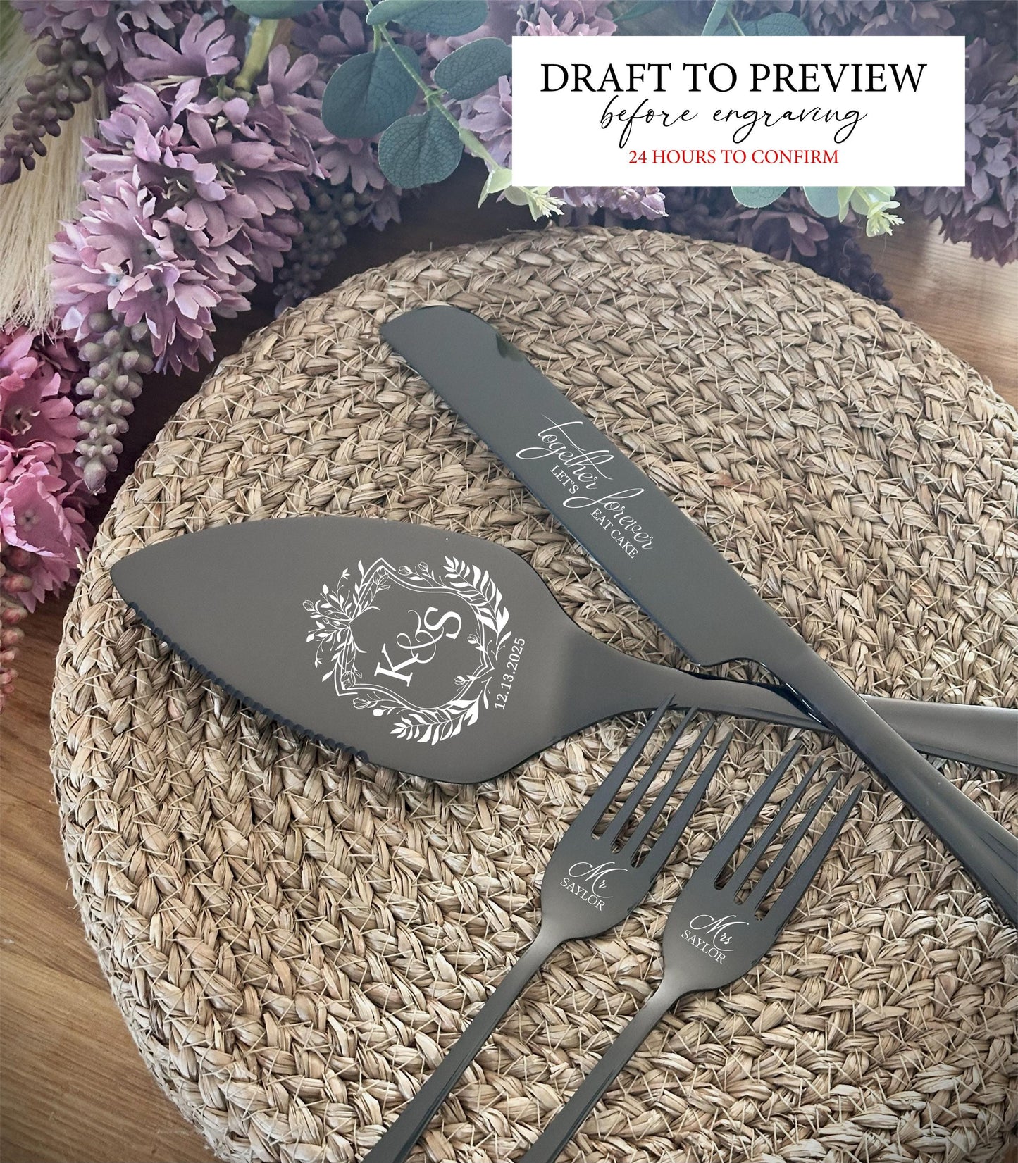 Wedding Knife Server Forks Gift for Bride and Groom: Personalized Cake Cutting Set with Gift Box, New Family Keepsake from Mom Dad