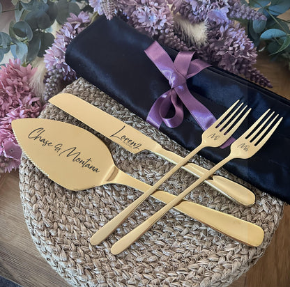 Custom Champagne Cutlery Set for Mr Mrs: Unique 18/10 Stainless Steel Engraved Knife, Server and Forks,   Gift for Wedding DRAFT APPROVAL