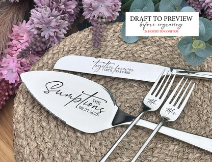 Monogrammiertes Tortenheber-, Tortenmesser- und Gabelgeschenk: Graviertes Silberbesteck als Erinnerungsstück für Hochzeit, Jahrestag oder Junggesellinnenabschied (Entwurfsgenehmigung)
