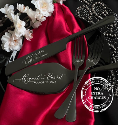 Custom Wedding Cake Cutting Set: Engraved Autumn Server, Knife & Forks, Gothic Bridal Shower Gift US TAXES INCLUDED