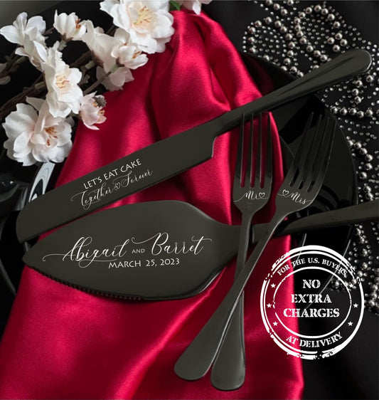 Custom Wedding Cake Cutting Set: Engraved Autumn Server, Knife & Forks, Gothic Bridal Shower Gift US TAXES INCLUDED