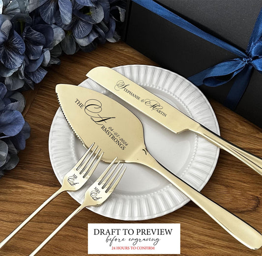 Champagne Cake Cutting Set for Wedding Ceremony: Engraved Solid Stainless Steel Server Knife & Forks for Bride and Groom, Anniversary Gift