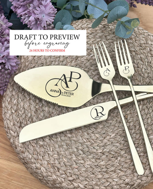 Custom Champagne Cutlery Set for Mr Mrs: Unique 18/10 Stainless Steel Engraved Knife, Server and Forks,   Gift for Wedding DRAFT APPROVAL