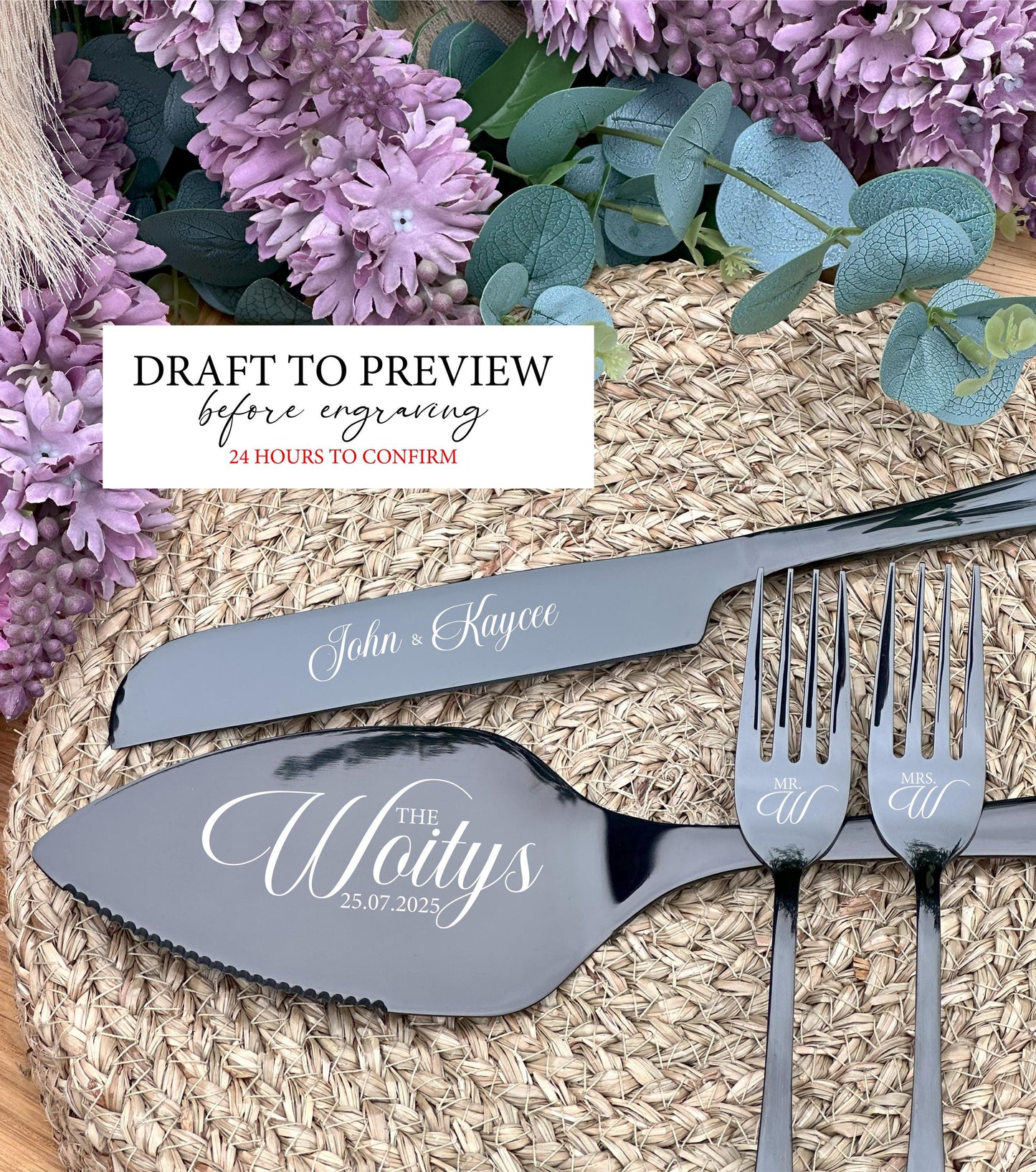 Solid Black Cake Cutting Set for Couple: Custom Engraved Wedding, Anniversary, Engagement Keepsake for Best Friends, Son, Daughter