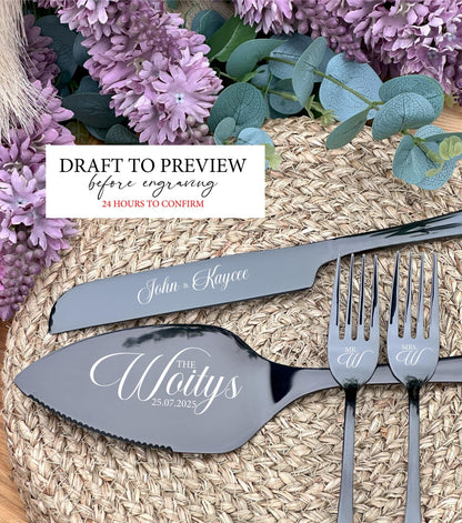 Solid Black Cake Cutting Set for Couple: Custom Engraved Wedding, Anniversary, Engagement Keepsake for Best Friends, Son, Daughter