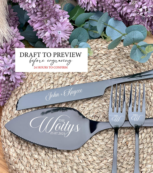 Solid Black Cake Cutting Set for Couple: Custom Engraved Wedding, Anniversary, Engagement Keepsake for Best Friends, Son, Daughter