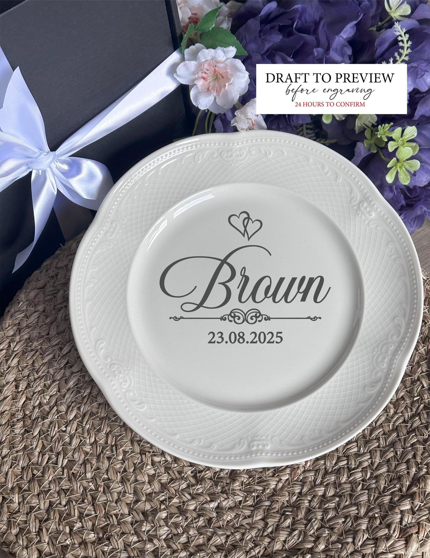 Porcelain Plate for Wedding Cake Serving Ceremony: Personalized Keepsake for Mr Mrs, Bridal Shower Engagement Gift with Initials Last Name