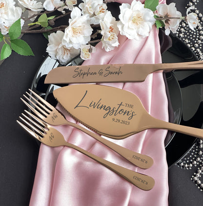 Engraved Wedding Cake Knife Server Dessert Forks Set: Personalized Stainless Steel Serving Cutlery, Anniversary Birthday Housewarming Gift