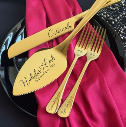 Engraved Wedding Cake Knife Server Dessert Forks Set: Personalized Stainless Steel Serving Cutlery, Anniversary Birthday Housewarming Gift