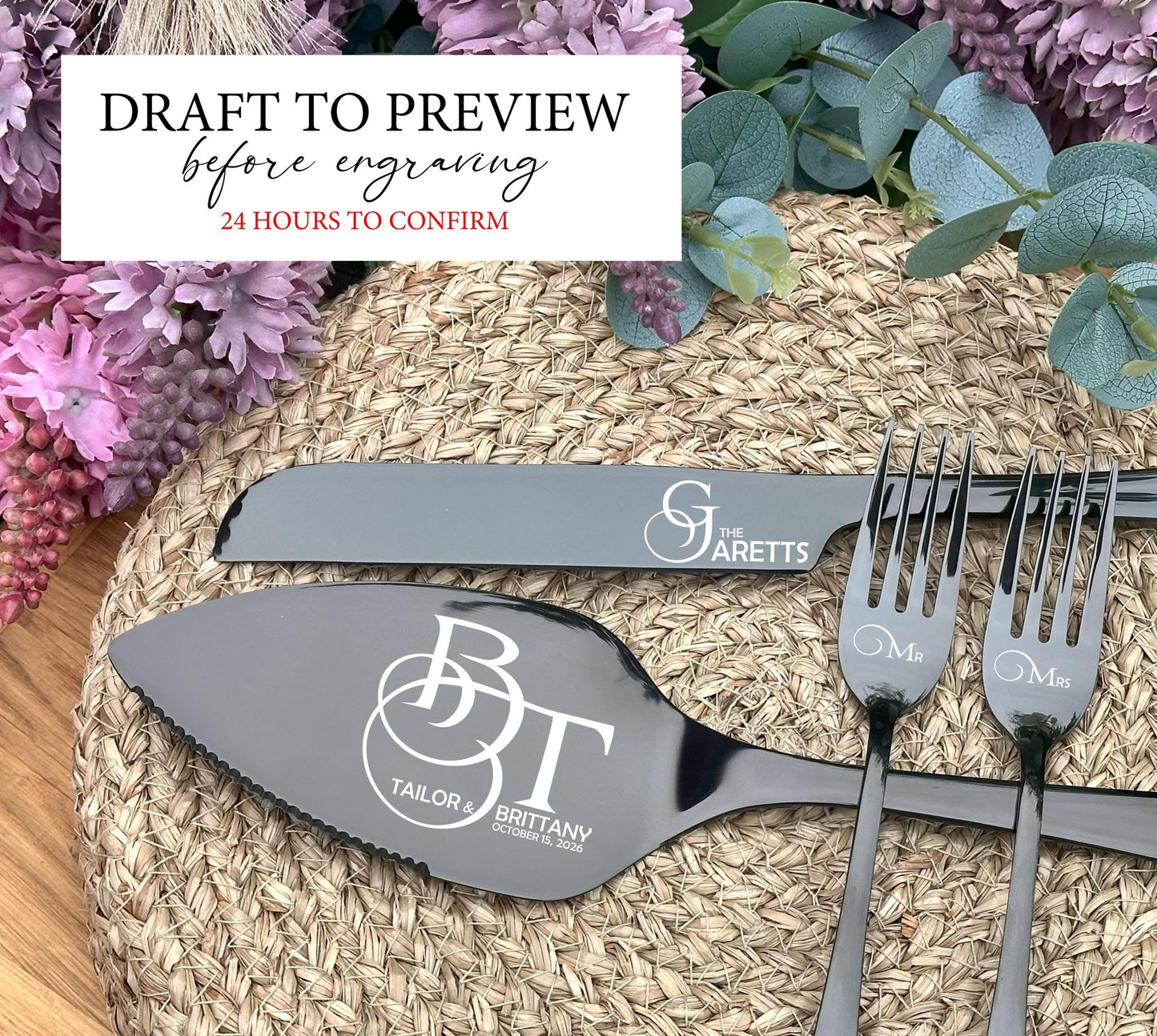 Gothic Black Wedding Cake Cutting Set: Engraved Knife, Server & Forks, Personalized Mr Mrs Keepsake for Couple, Halloween Anniversary Gift