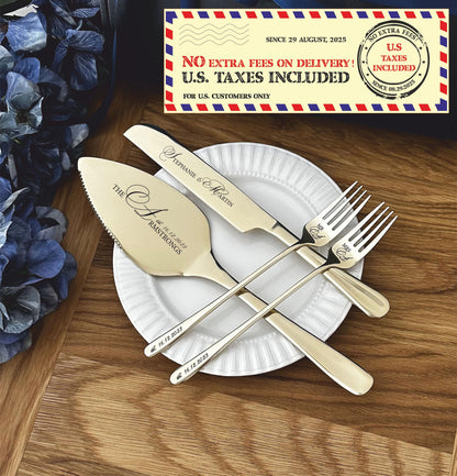 Engraved Wedding Cake Cutting Set for Bride and Groom: Personalized Stainless Steel Server Knife & Forks, NO EXTRA FEES