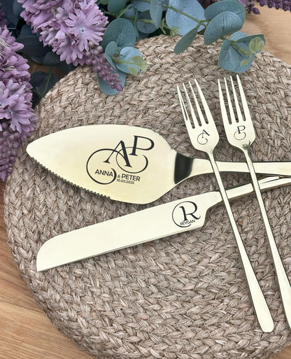 Personalized Gold Cutlery for Mr Mrs Cake Cutting Ceremony: Solid Stainless Steel Engraved Knife, Server and Forks Set for Wedding