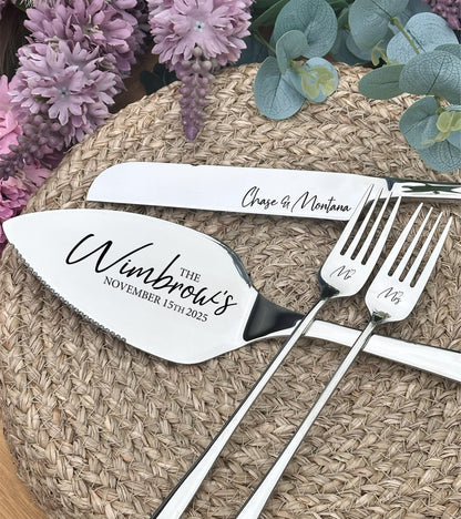 Personalized Classic Cake Cutters Set for Wedding: Solid Engraved Knife, Server and 2 forks Gift  for Couple, Mr Mrs Cake Table Decoration