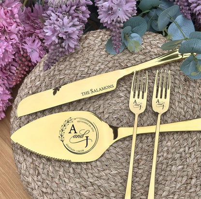Wedding Knife Server Forks Gift for Bride and Groom: Personalized Cake Cutting Set with Gift Box, New Family Keepsake from Mom Dad