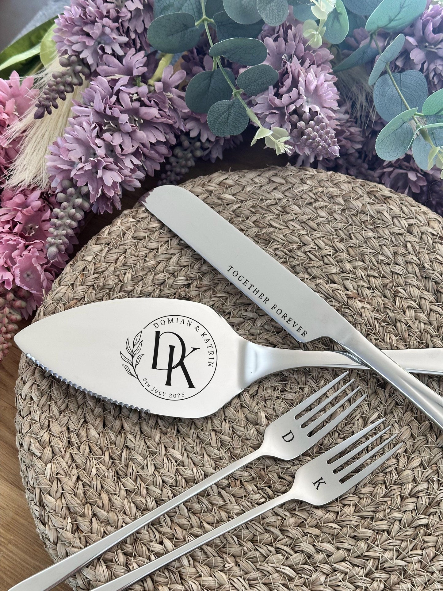 Engraved Cake Serving Set for Wedding: Elegant Personalized Cutters and Forks, Solid Stainless Steel Keepsake for Couple, Dispatched from US