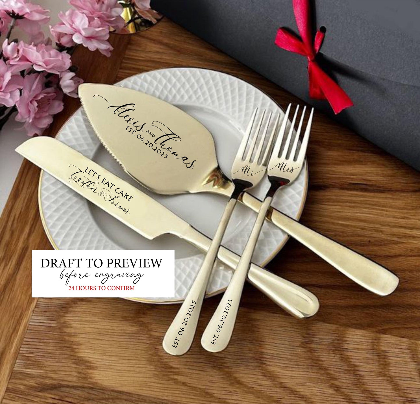 Engraved Cake Serving Set of Knife, Server & Forks: Personalized Must-Have Gift for Wedding Anniversary Bridal Shower Party, Mr Mrs Keepsake