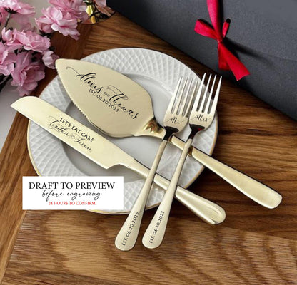 Engraved Cake Serving Set of Knife, Server & Forks: Personalized Must-Have Gift for Wedding Anniversary Bridal Shower Party, Mr Mrs Keepsake