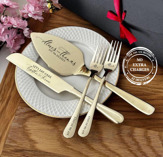 Personalized Wedding Cake Cutting Set for Couple: Engraved Stainless Steel Knife, Server & Forks from Bridesmaid, Bridal Shower Gift