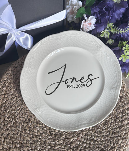 Porcelain Plate for Wedding Cake Serving Ceremony: Personalized Keepsake for Mr Mrs, Bridal Shower Engagement Gift with Initials Last Name